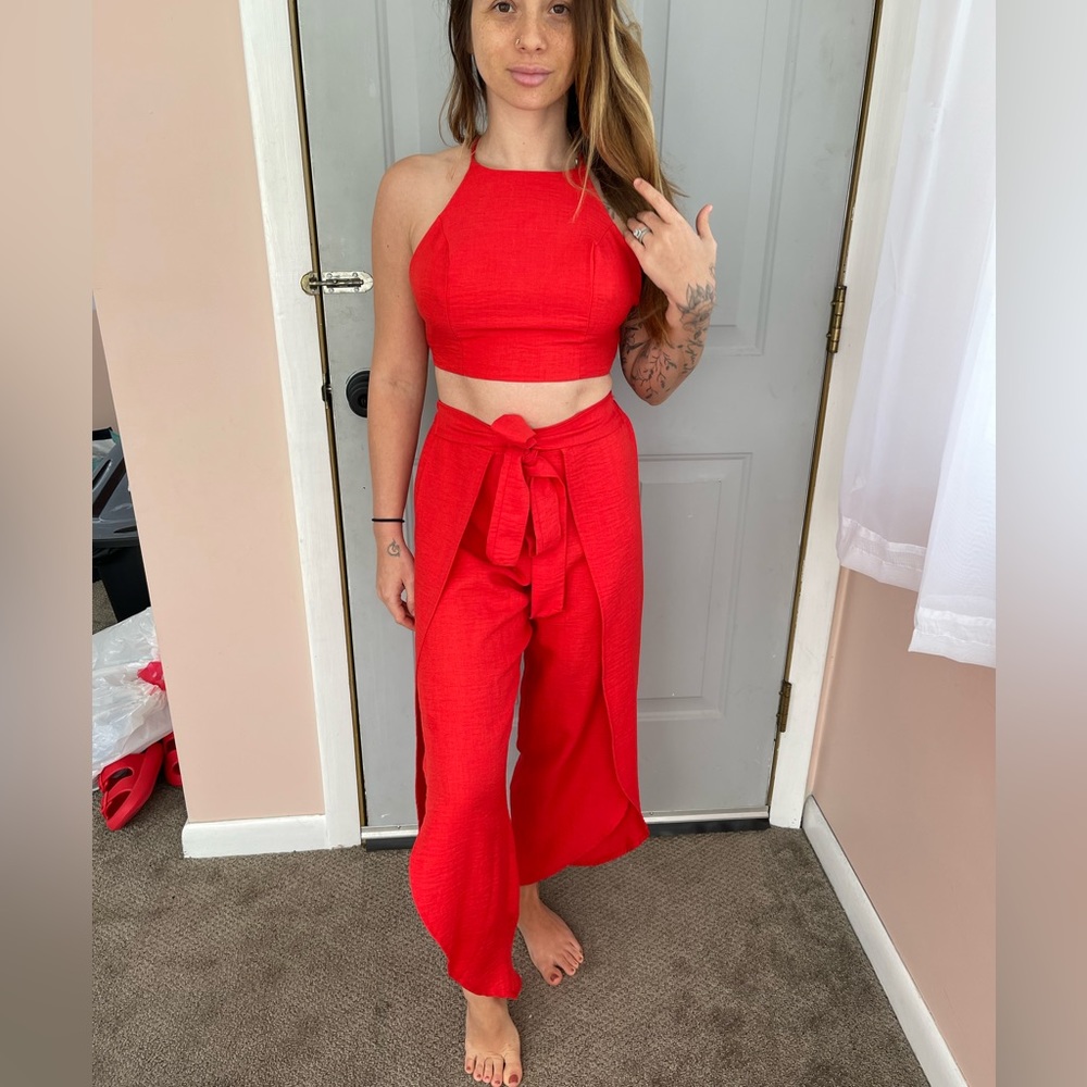 Red pants and crop top set